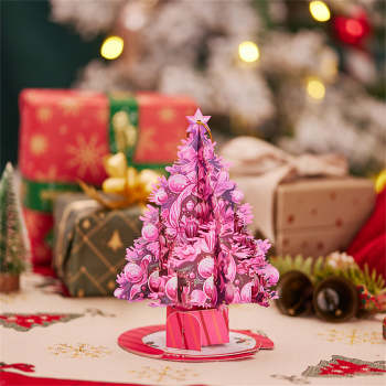Pink Christmas Tree Ornament Christmas 3D Pop Up Greeting Card - NameNecklace