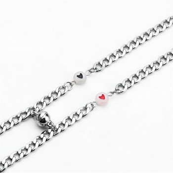 Couple Bracelet Magnet Stainless Steel Chain with Luminous Heart Birthday Gifts Lovers Boyfriend Girlfriend Him Her BFF 2 PCs - NameNecklace