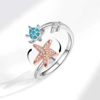 Fidget Anti-anxiety Ring Sea Turtle and Starfish Open Adjustable Spinner Ring Jewelry Gifts for Her - NameNecklace