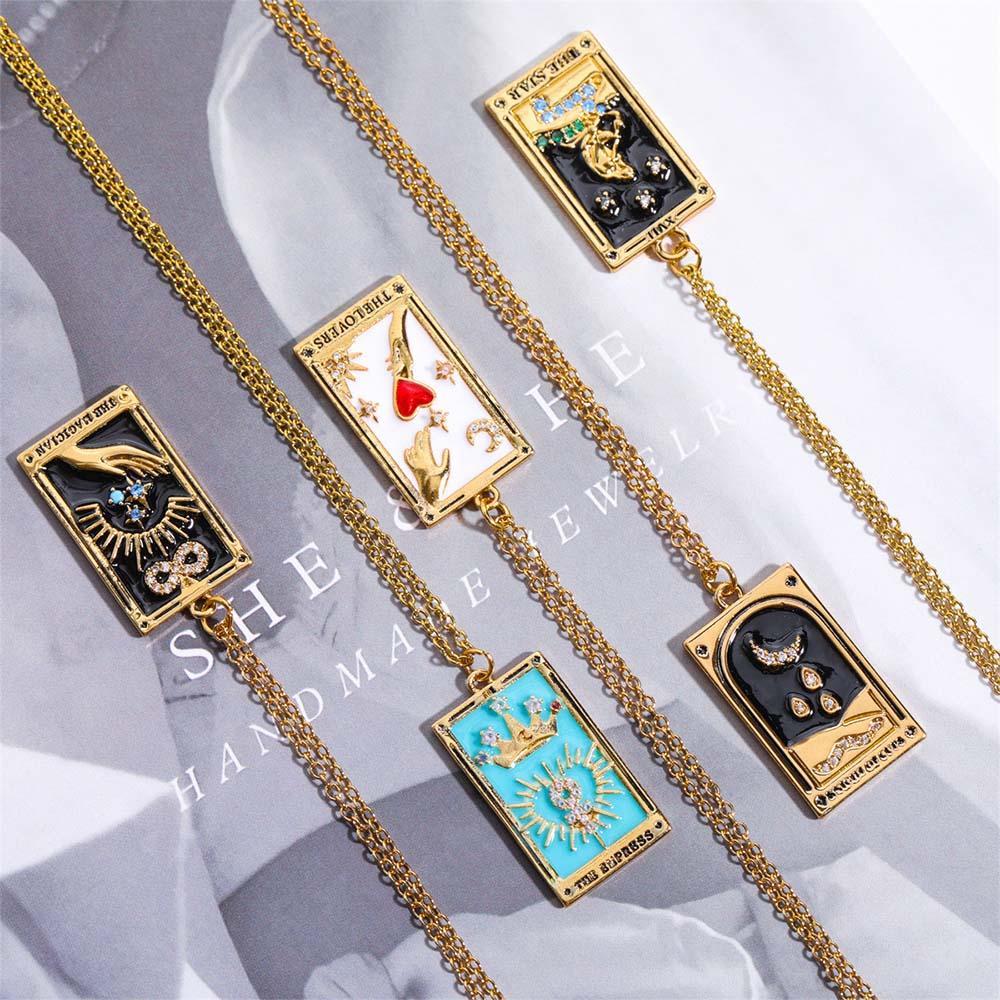 Colorful Tarot Cards Symbolic Necklace Dripping Oil Pendant Enamel Necklace With Rhinestones Gift - NameNecklace