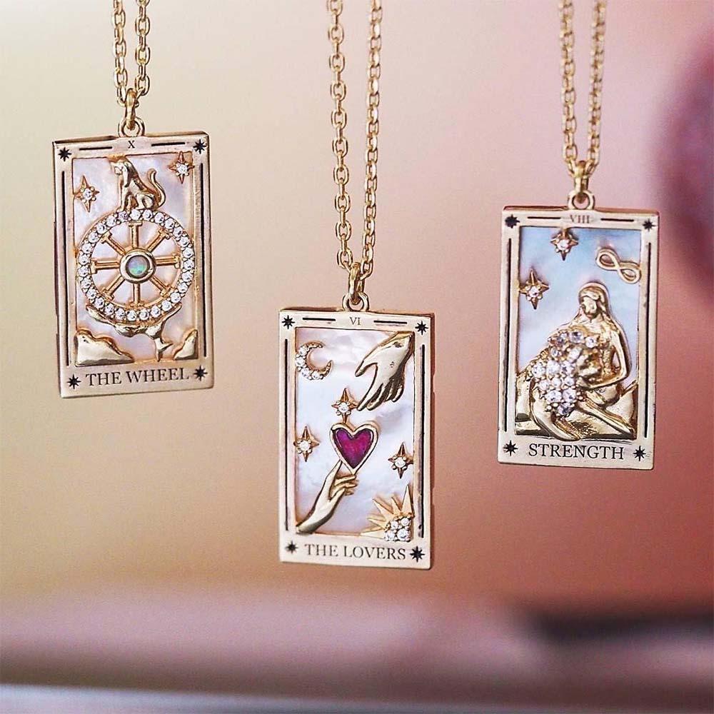 Colorful Tarot Cards Symbolic Necklace Dripping Oil Pendant Enamel Necklace With Rhinestones Gift - NameNecklace