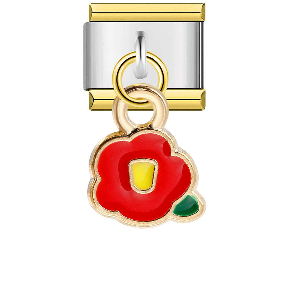 Gold Edge Red Flower Green Leave Pendant Italian Charm For Italian Charm Bracelets Composable Link - NameNecklace