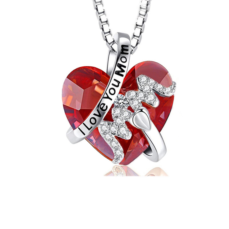 Luxury Fashion "Mom" Pendant Necklace Red Blue Heart Crystal Jewelry Mother's Day Gift