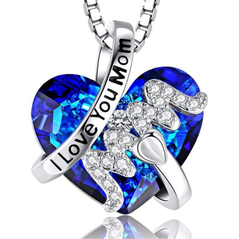 Luxury Fashion "Mom" Pendant Necklace Red Blue Heart Crystal Jewelry M