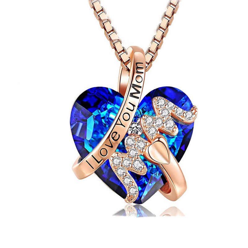 Luxury Fashion "Mom" Pendant Necklace Red Blue Heart Crystal Jewelry Mother's Day Gift