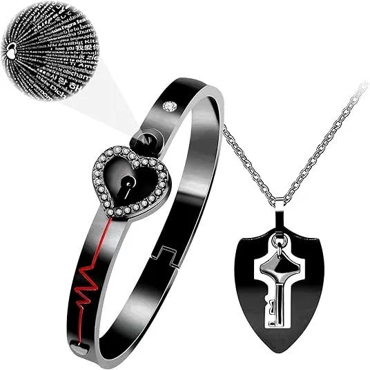 Unlock Your Love Personalized Projection Love Lock Couple Bracelet & Key Necklace Set Custom Photo or 'I Love You' in 100 Languages Matching Bracelet & Key Necklace