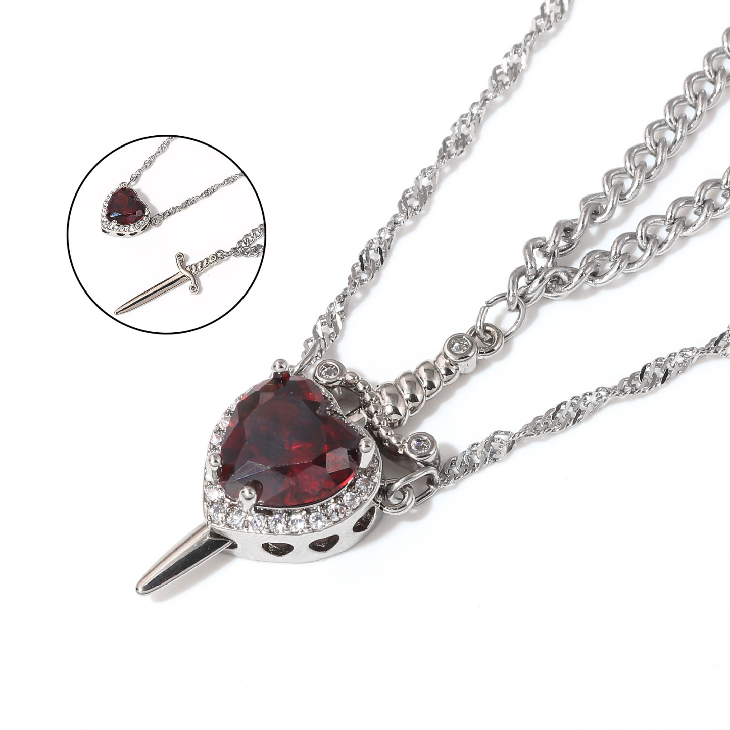"Love's Pierce" Magnetic Heart & Sword Couple Necklace Set "One Heart,