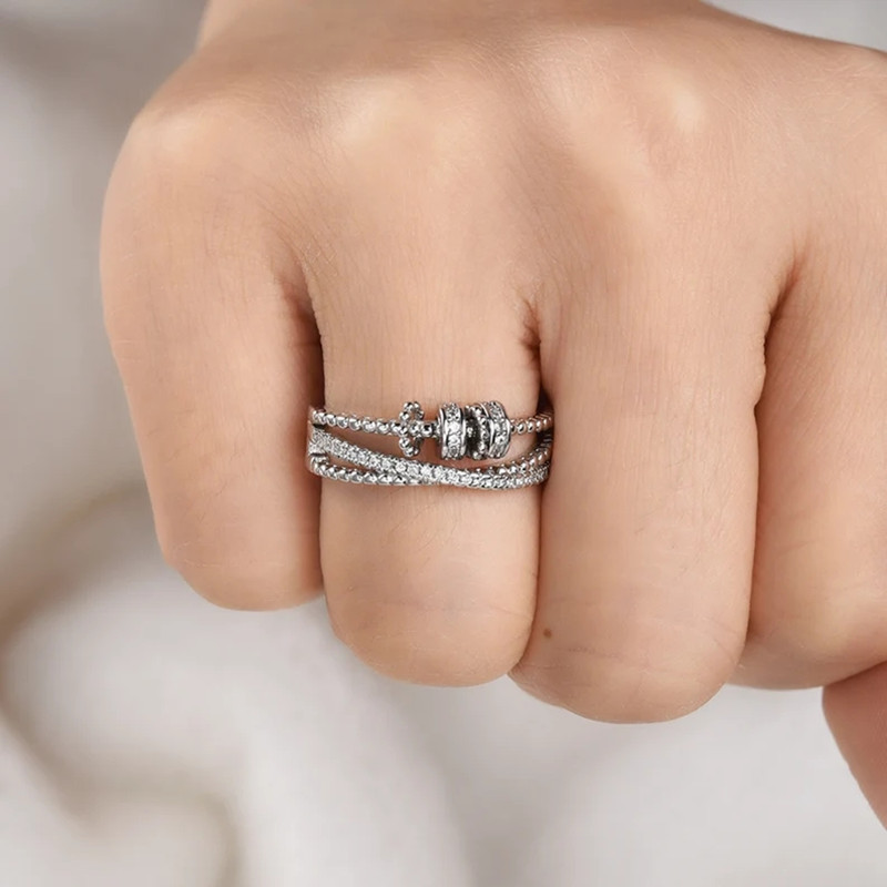 Stylish Fidget Anxiety Ring for Women Adjustable Spinner Ring with Zir