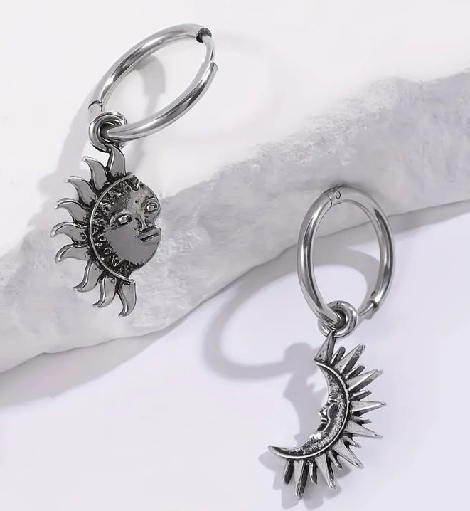 Sun and Moon Celestial Jewelry Set Asymmetrical Hoop Earrings & Matching Necklace for Couples Celestial Jewelry Boho Sun-Moon Necklace