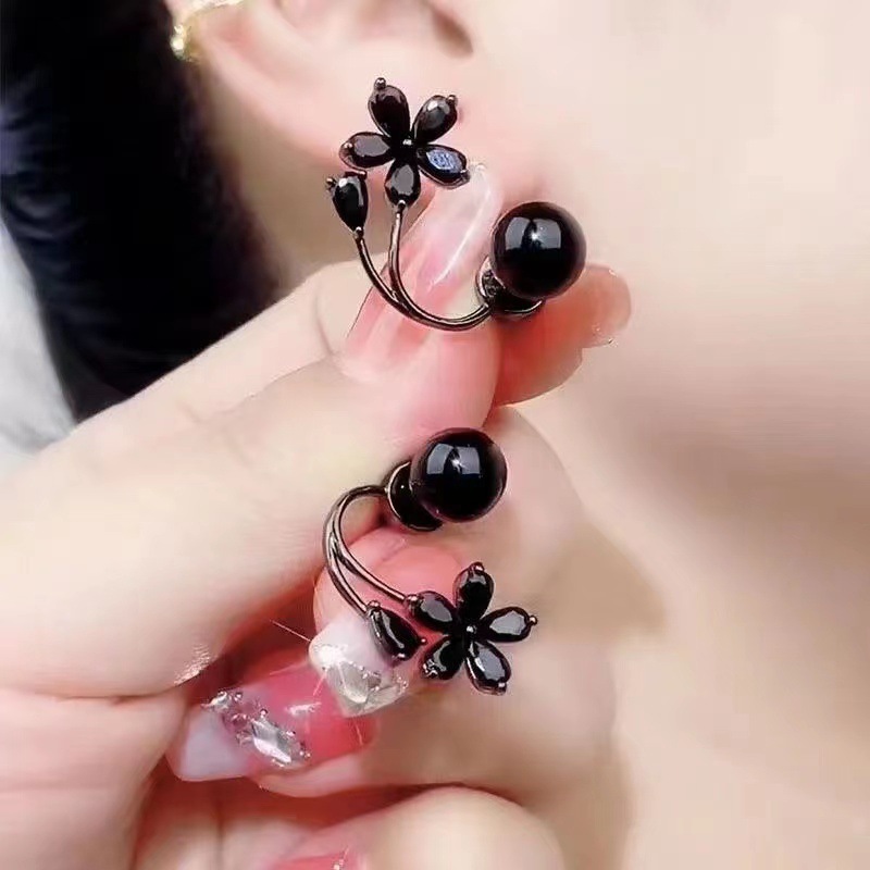 Black Pearl & Flower Ear Jacket Earrings, Modern Floral Stud Earrings Two-Way Floral Earring Jackets, Black Pearl Stud & Crystal Flower Design