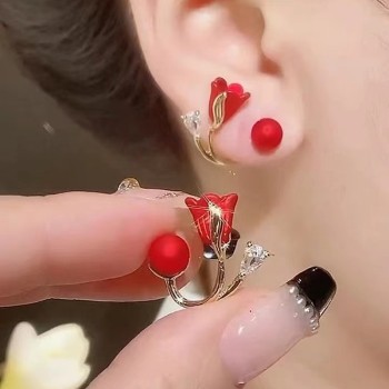 Elegant Tulip Ear Jacket Earrings, Floral Pearl & Rhinestone Studs, Two-Way Flower Ear Cuffs
