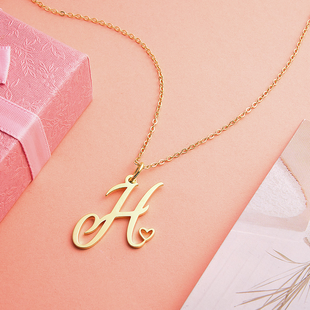 Custom Letter Necklace – Personalized Single Letter Pendant Simple Letter Necklace with Heart Accent Gift For Women
