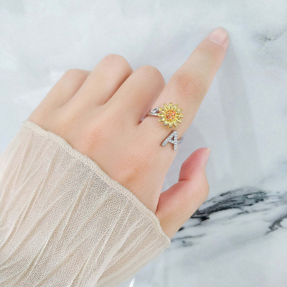 Spinner Ring Sunflower Initial Letter Adjustable Anxiety Fidget Rings for Relieving Stress Ring for Women - NameNecklace