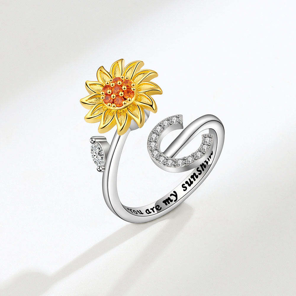 Spinner Ring Sunflower Initial Letter Adjustable Anxiety Fidget Rings for Relieving Stress Ring for Women - NameNecklace
