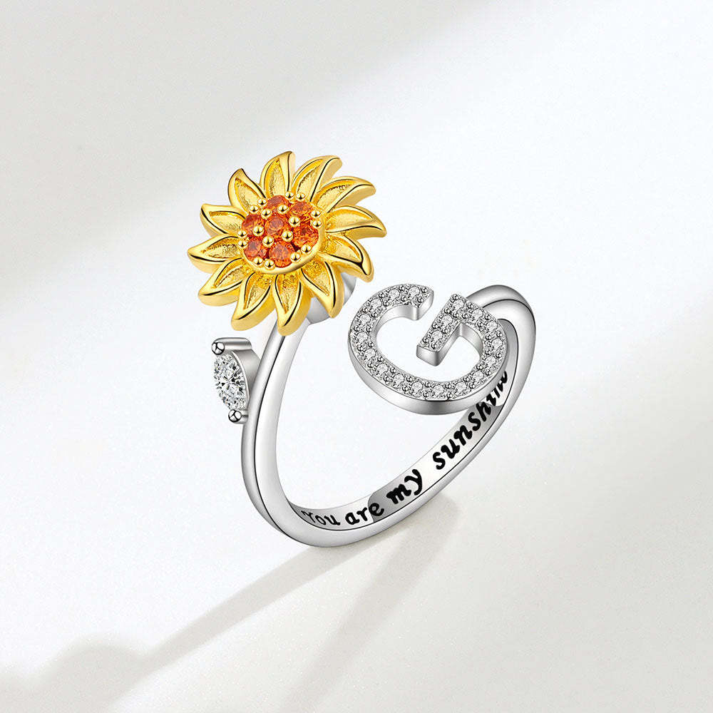 Spinner Ring Sunflower Initial Letter Adjustable Anxiety Fidget Rings for Relieving Stress Ring for Women - NameNecklace