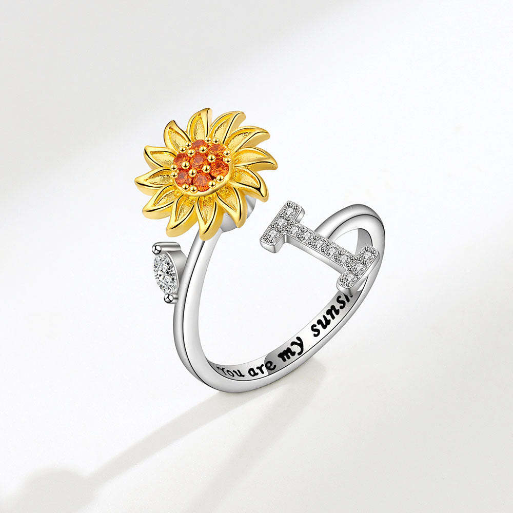 Spinner Ring Sunflower Initial Letter Adjustable Anxiety Fidget Rings for Relieving Stress Ring for Women - NameNecklace