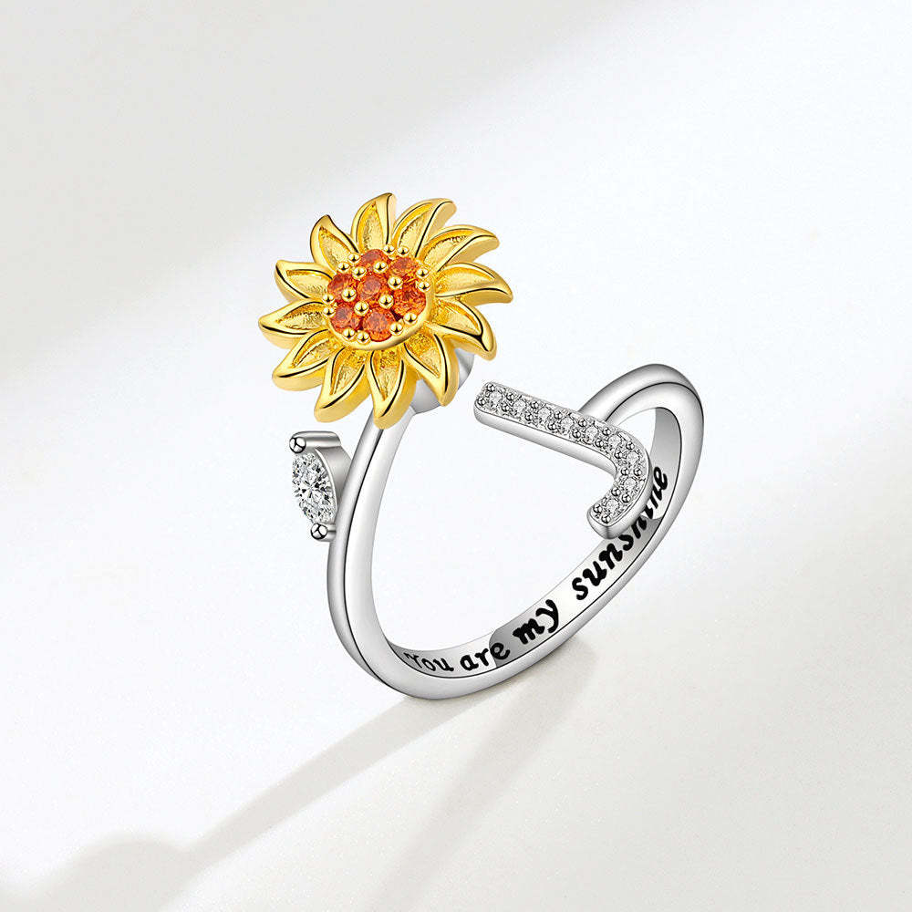 Spinner Ring Sunflower Initial Letter Adjustable Anxiety Fidget Rings for Relieving Stress Ring for Women - NameNecklace