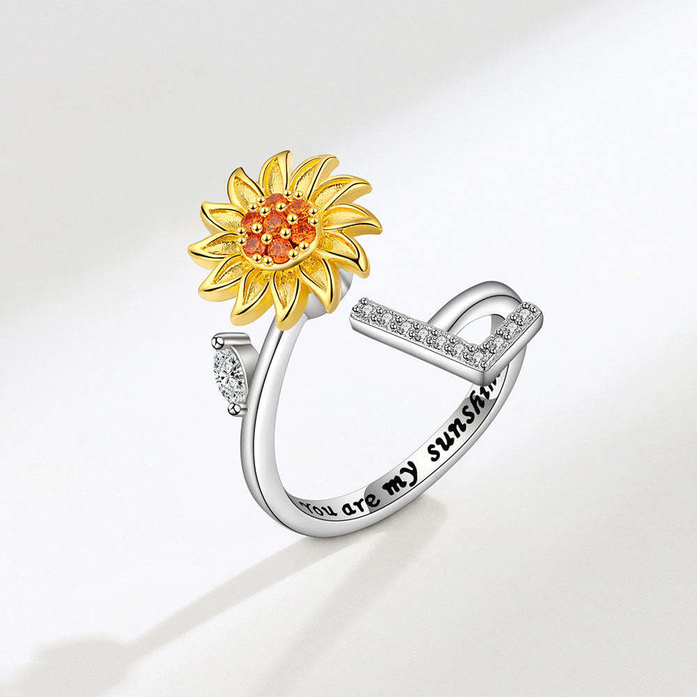 Spinner Ring Sunflower Initial Letter Adjustable Anxiety Fidget Rings for Relieving Stress Ring for Women - NameNecklace