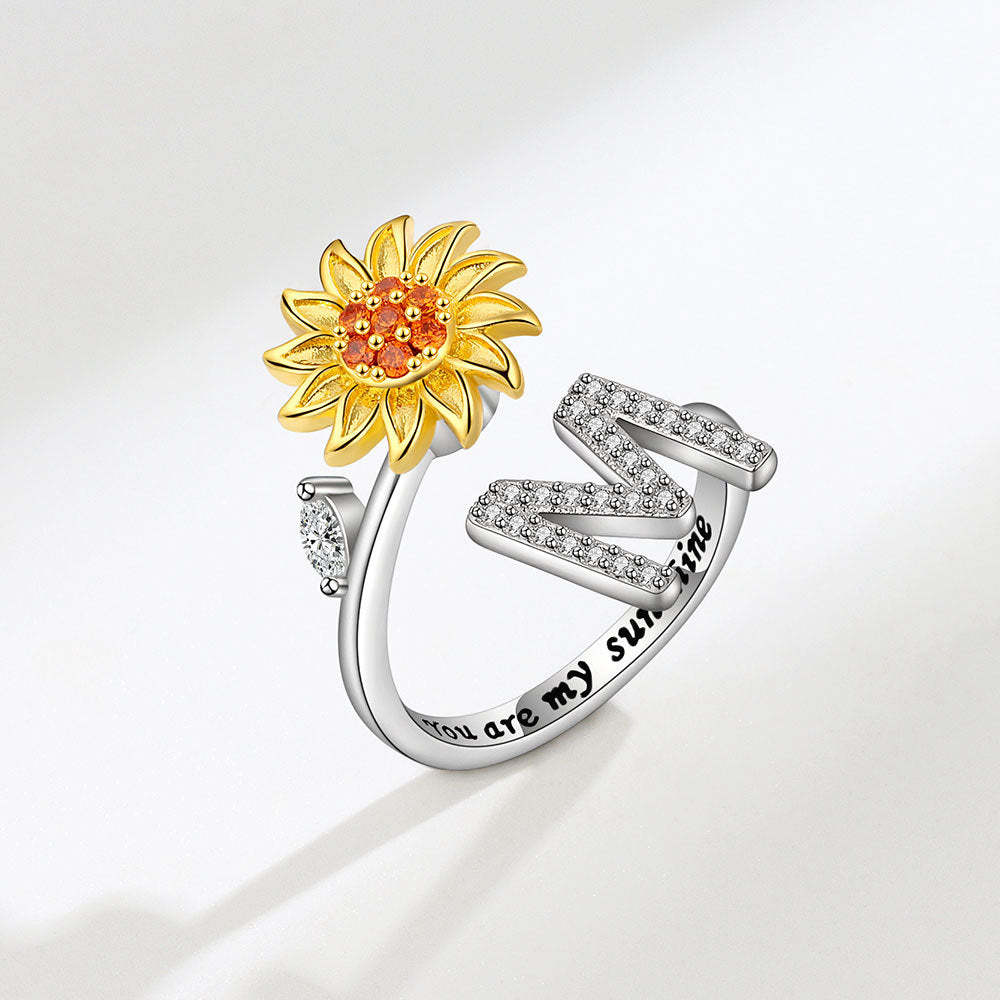 Spinner Ring Sunflower Initial Letter Adjustable Anxiety Fidget Rings for Relieving Stress Ring for Women - NameNecklace