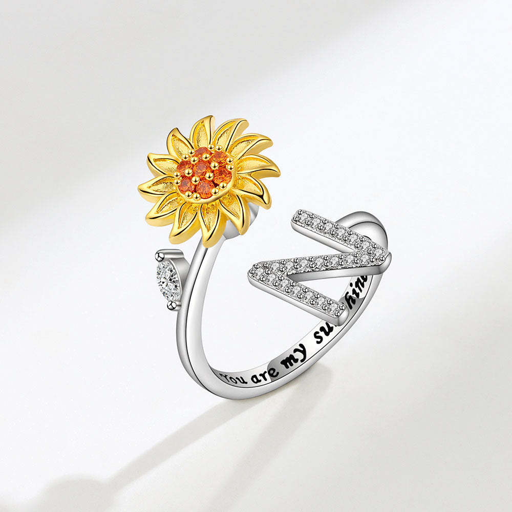 Spinner Ring Sunflower Initial Letter Adjustable Anxiety Fidget Rings for Relieving Stress Ring for Women - NameNecklace
