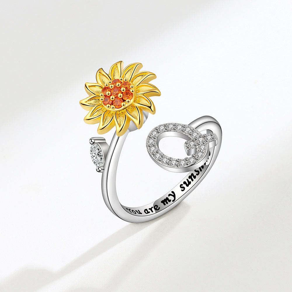 Spinner Ring Sunflower Initial Letter Adjustable Anxiety Fidget Rings for Relieving Stress Ring for Women - NameNecklace