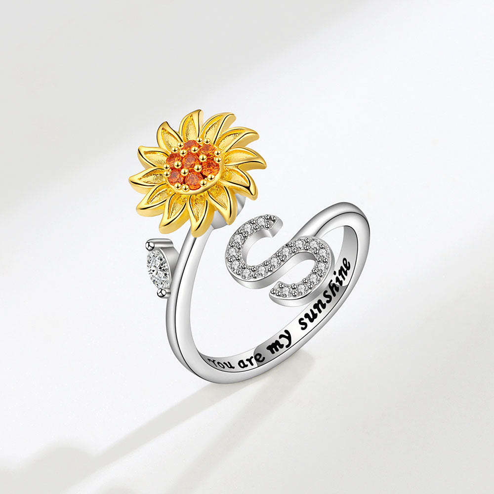 Spinner Ring Sunflower Initial Letter Adjustable Anxiety Fidget Rings for Relieving Stress Ring for Women - NameNecklace