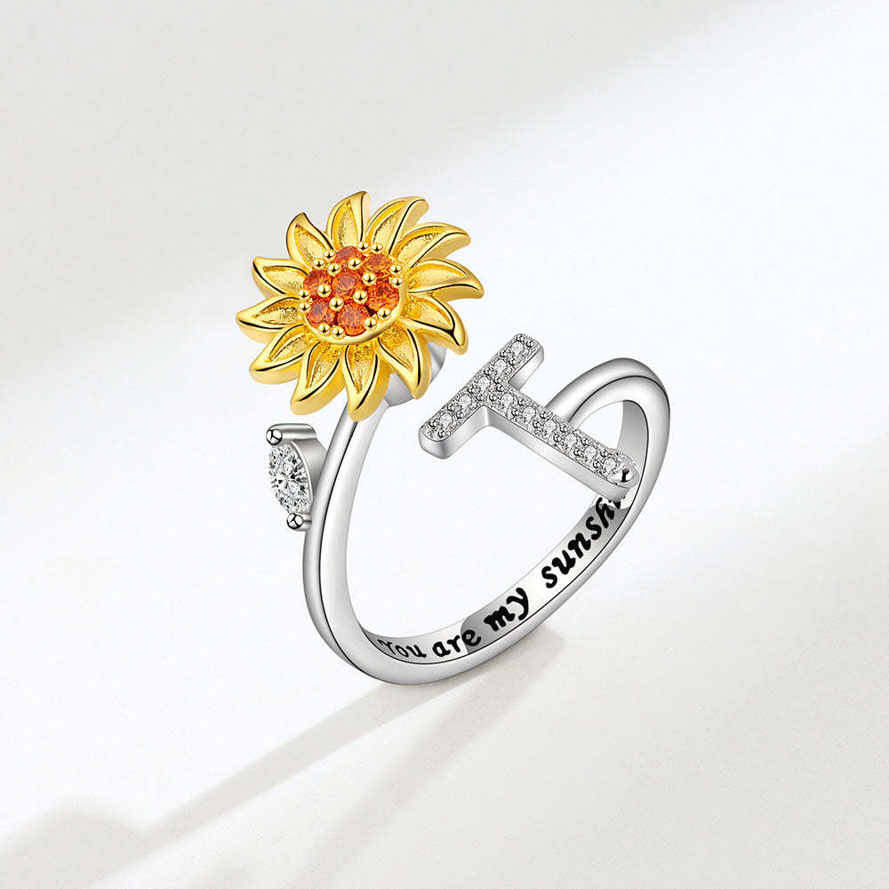 Spinner Ring Sunflower Initial Letter Adjustable Anxiety Fidget Rings for Relieving Stress Ring for Women - NameNecklace