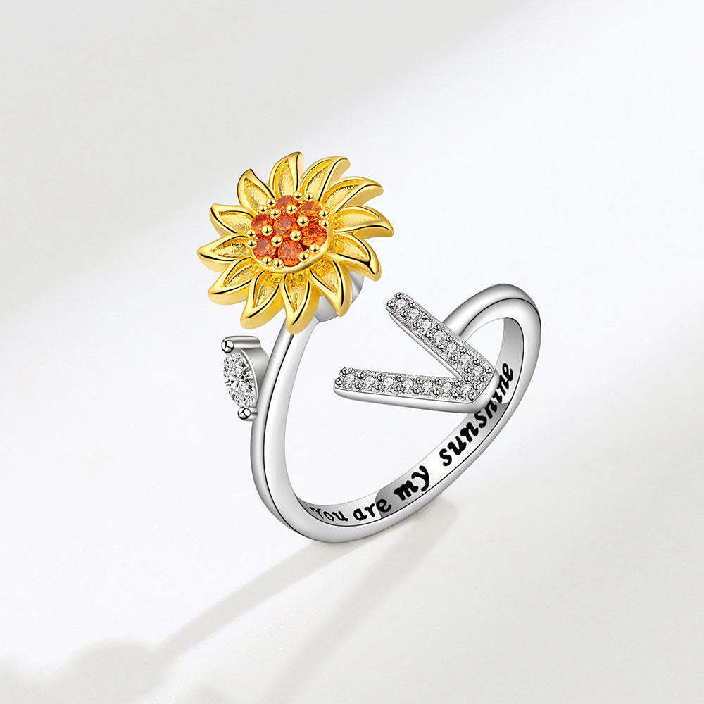 Spinner Ring Sunflower Initial Letter Adjustable Anxiety Fidget Rings for Relieving Stress Ring for Women - NameNecklace