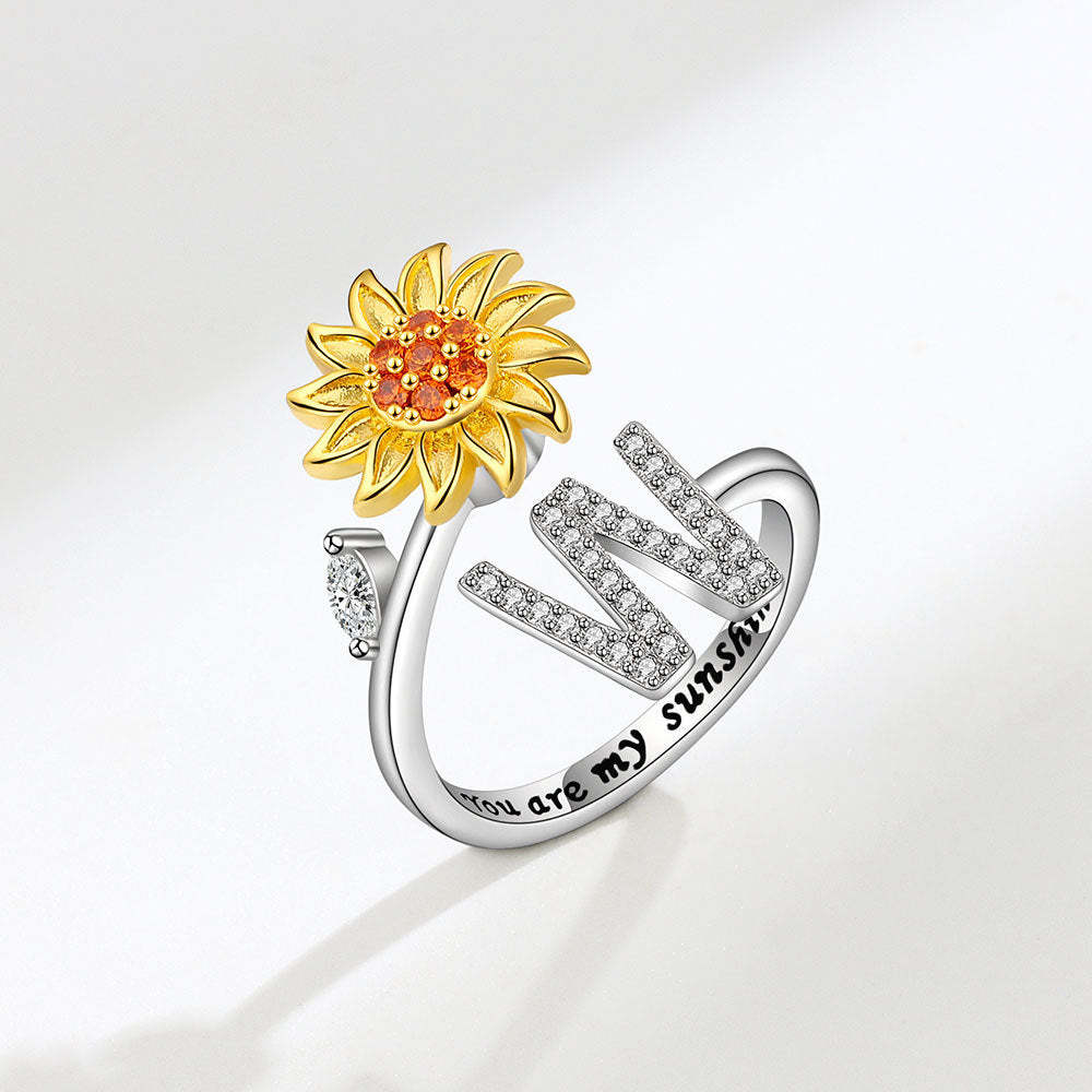 Spinner Ring Sunflower Initial Letter Adjustable Anxiety Fidget Rings for Relieving Stress Ring for Women - NameNecklace