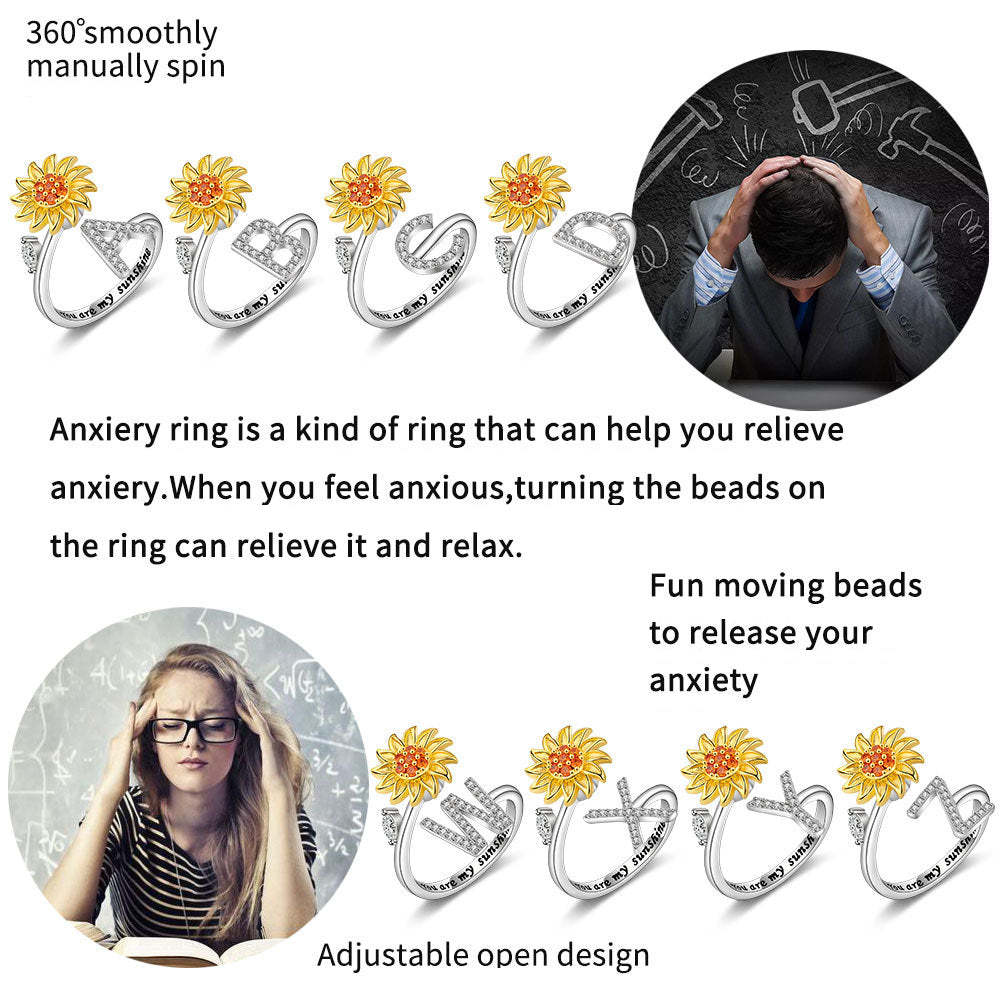Spinner Ring Sunflower Initial Letter Adjustable Anxiety Fidget Rings for Relieving Stress Ring for Women - NameNecklace