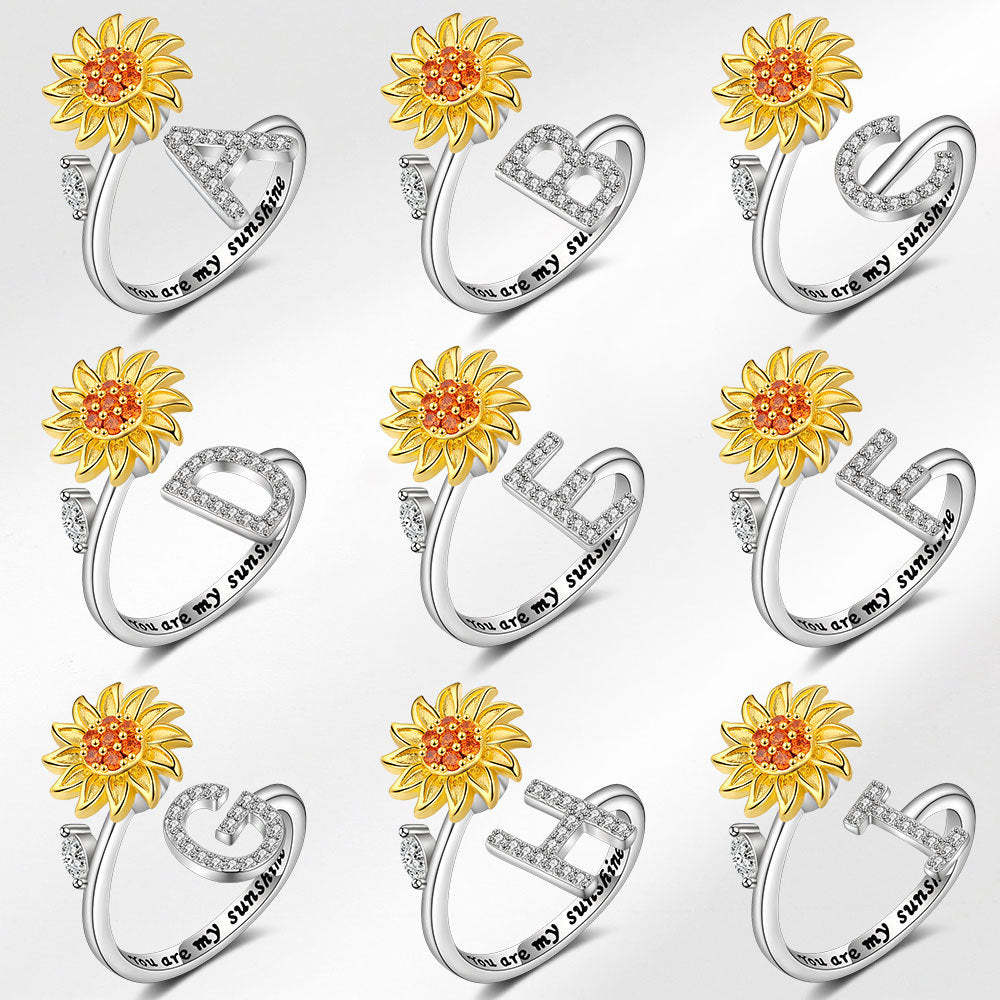 Spinner Ring Sunflower Initial Letter Adjustable Anxiety Fidget Rings for Relieving Stress Ring for Women - NameNecklace