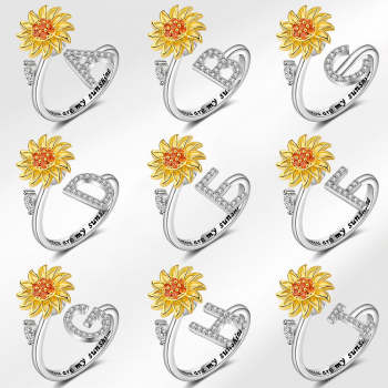Spinner Ring Sunflower Initial Letter Adjustable Anxiety Fidget Rings for Relieving Stress Ring for Women - NameNecklace
