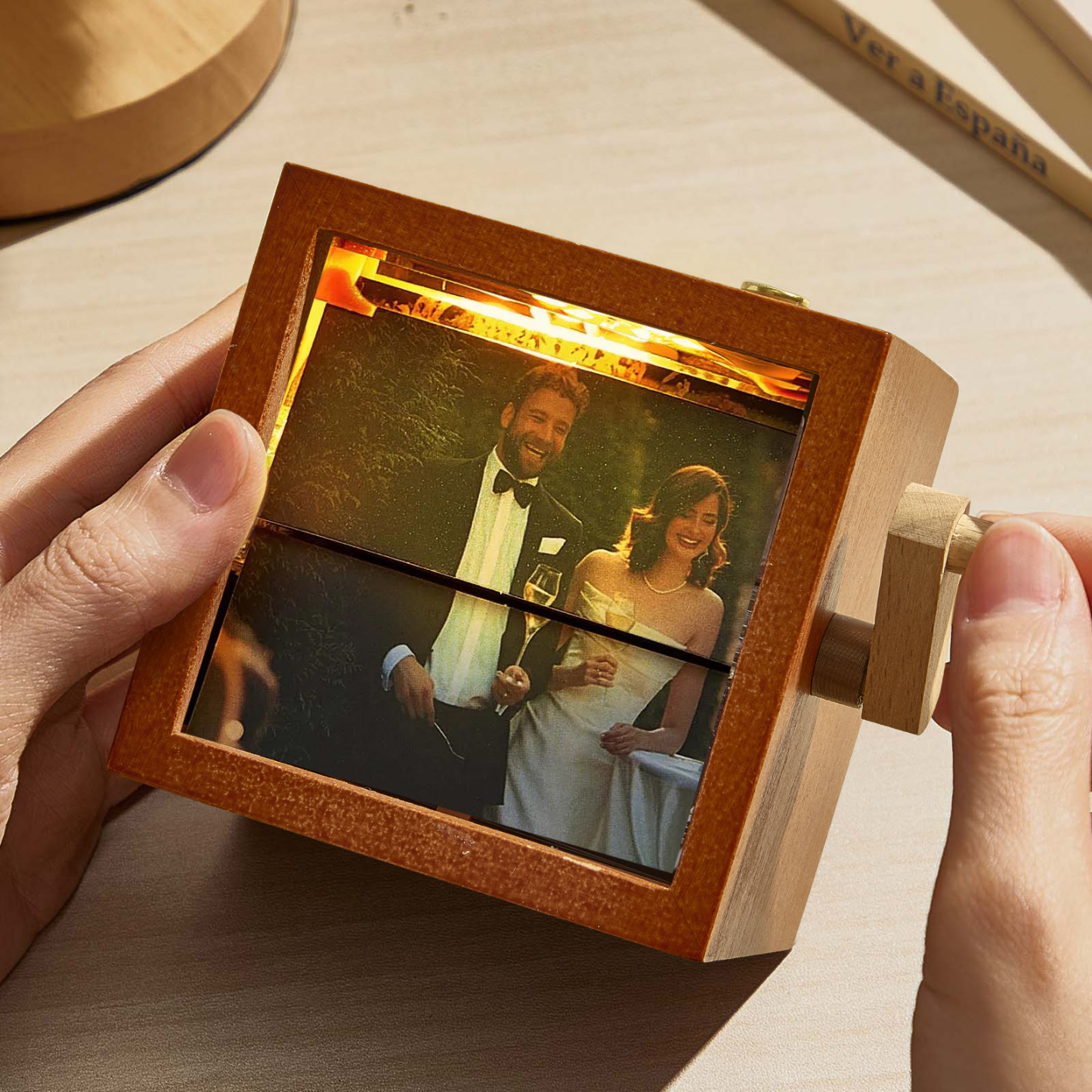 Custom Photo Flipbook Frame Animation Machine Mechanical Hand-cranked Flipbook Box with Light Black Walnut Christmas Gifts - namenecklace