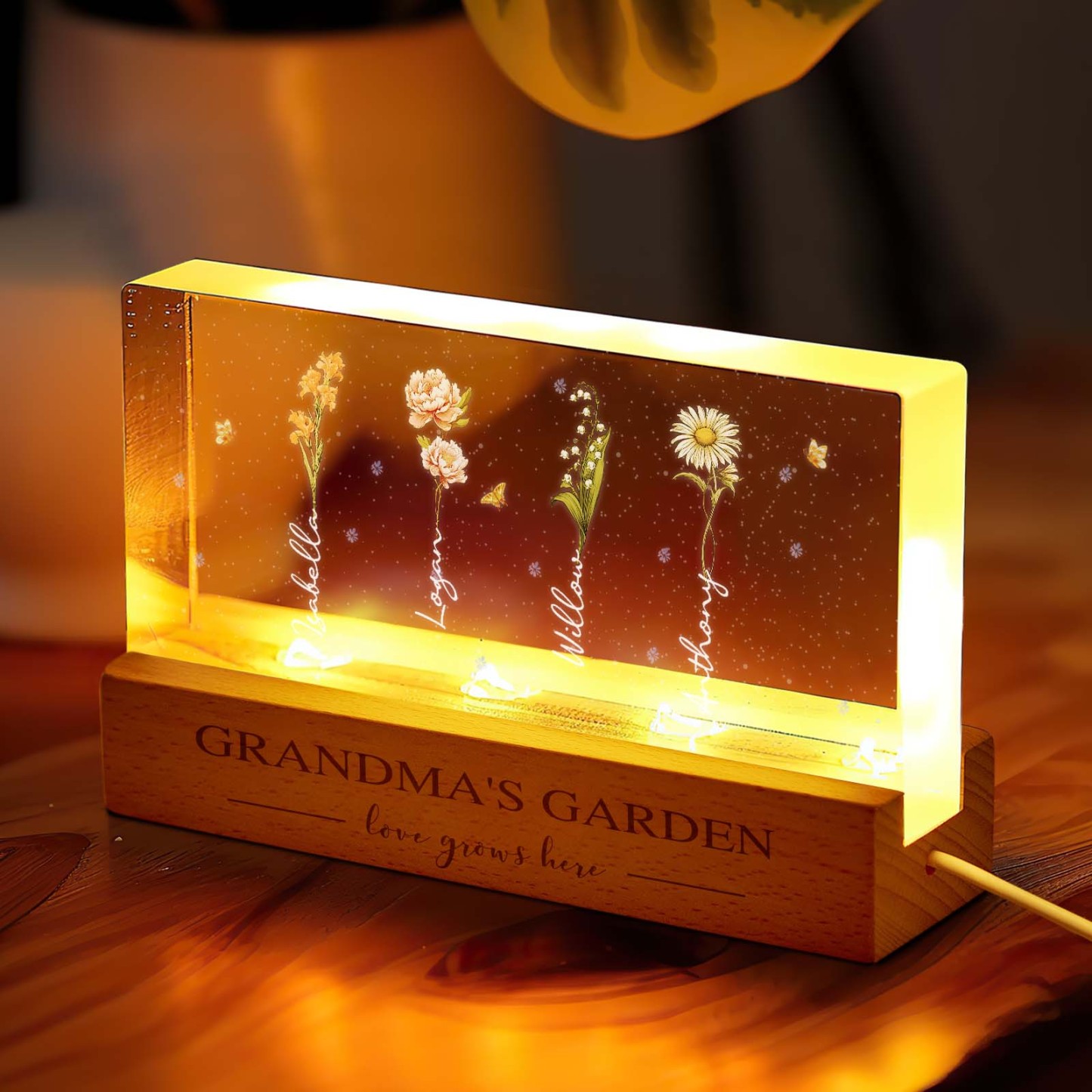 Grandma��s Garden Birth Month Flowers Personalized Acrylic Block LED Night Light, A Heartfelt Gift for Grandma��s Birthday, Mother��s Day, or Just Because
