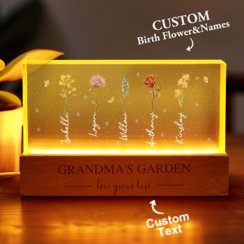Grandma��s Garden Birth Month Flowers Personalized Acrylic Block LED Night Light, A Heartfelt Gift for Grandma��s Birthday, Mother��s Day, or Just Because
