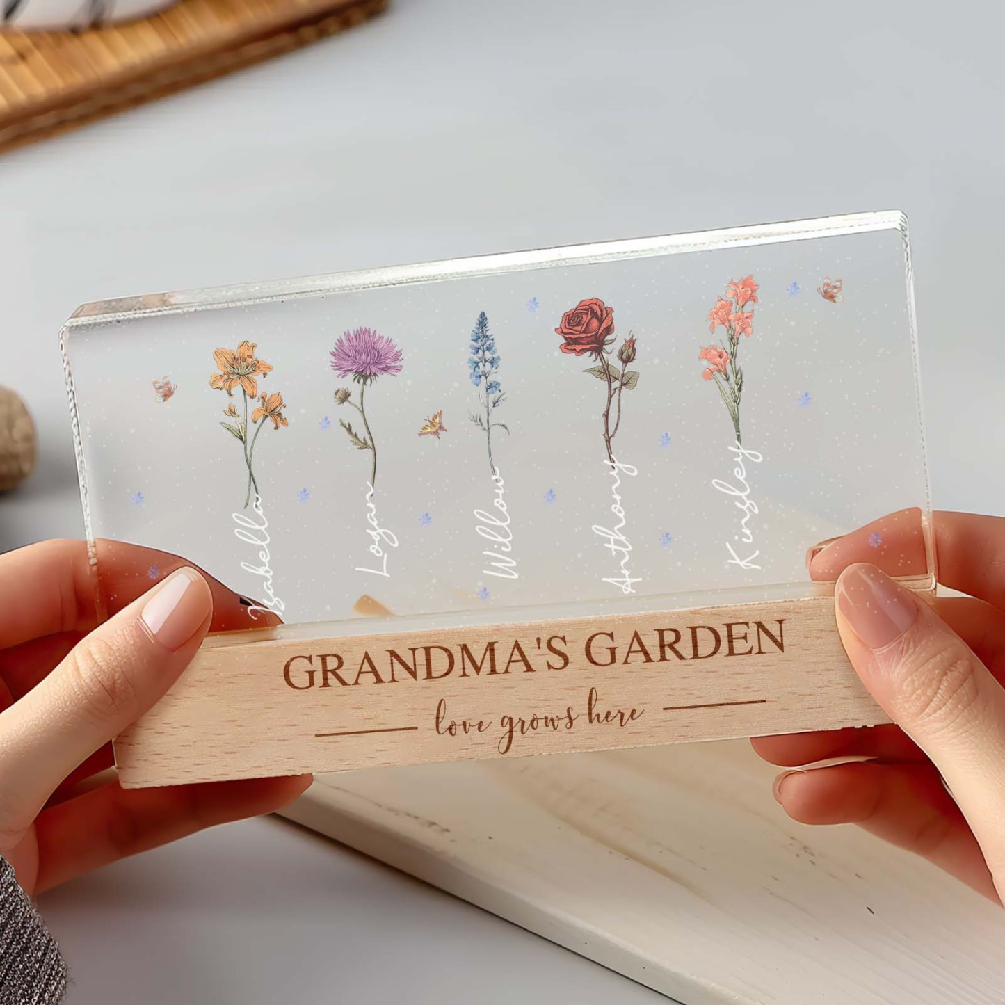 Grandma��s Garden Birth Month Flowers Personalized Acrylic Block LED Night Light, A Heartfelt Gift for Grandma��s Birthday, Mother��s Day, or Just Because