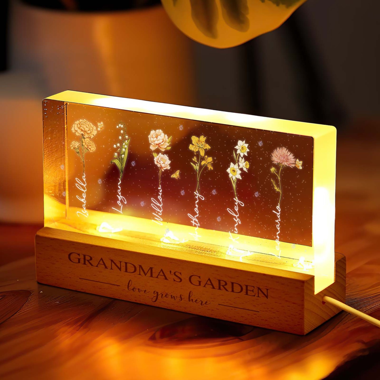 Grandma��s Garden Birth Month Flowers Personalized Acrylic Block LED Night Light, A Heartfelt Gift for Grandma��s Birthday, Mother��s Day, or Just Because