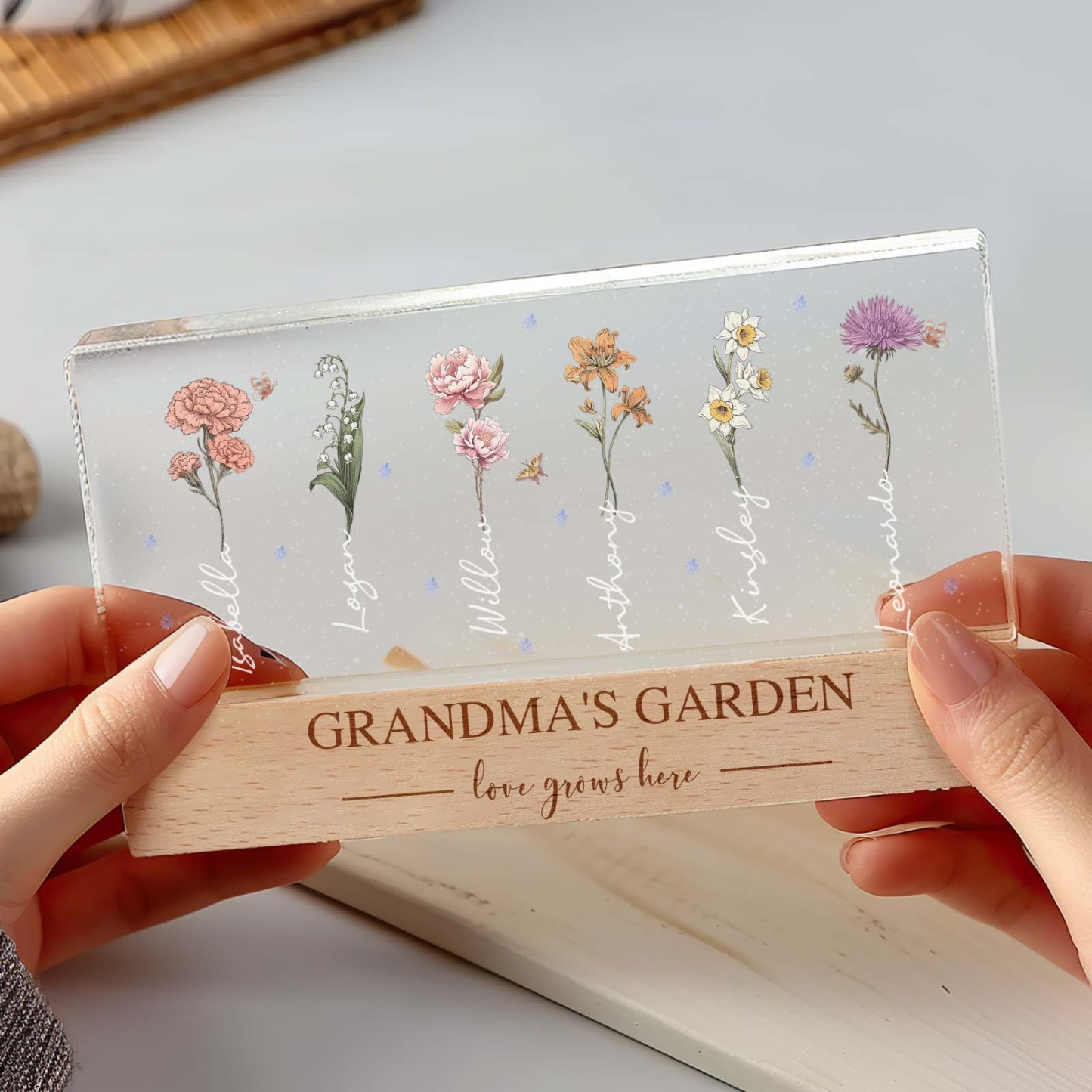 Grandma��s Garden Birth Month Flowers Personalized Acrylic Block LED Night Light, A Heartfelt Gift for Grandma��s Birthday, Mother��s Day, or Just Because
