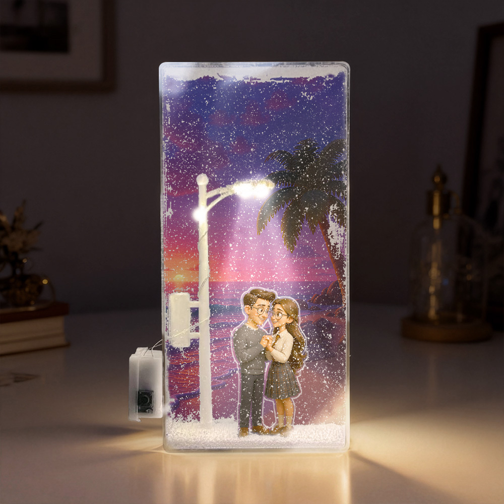 Custom Snowy Street Scene Couple Photo Quicksand Night Light Personalized Background Figure Acrylic Sand Flow Lamp Micro Landscape Acrylic Night Light
