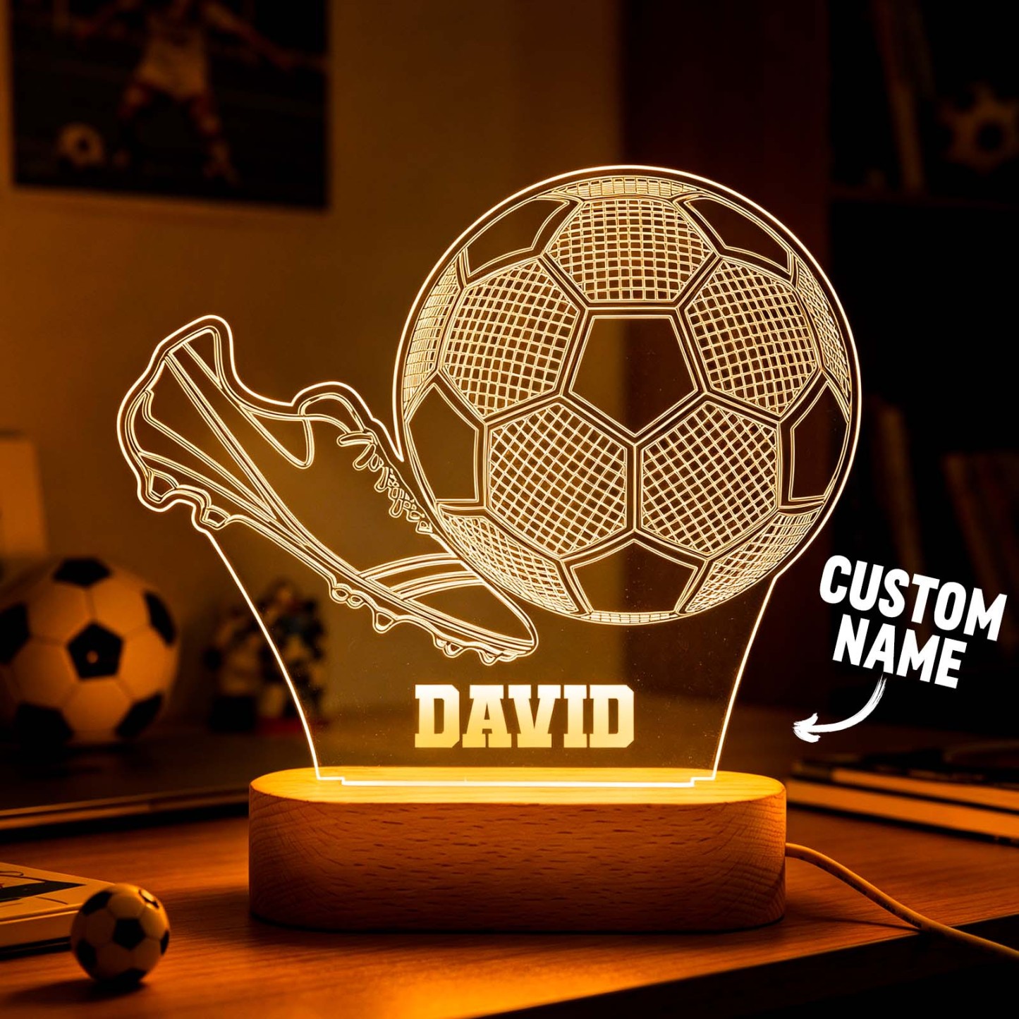 Personalized 3D Soccer Night Light Custom Name LED Football Lamp For Kids - namenecklace
