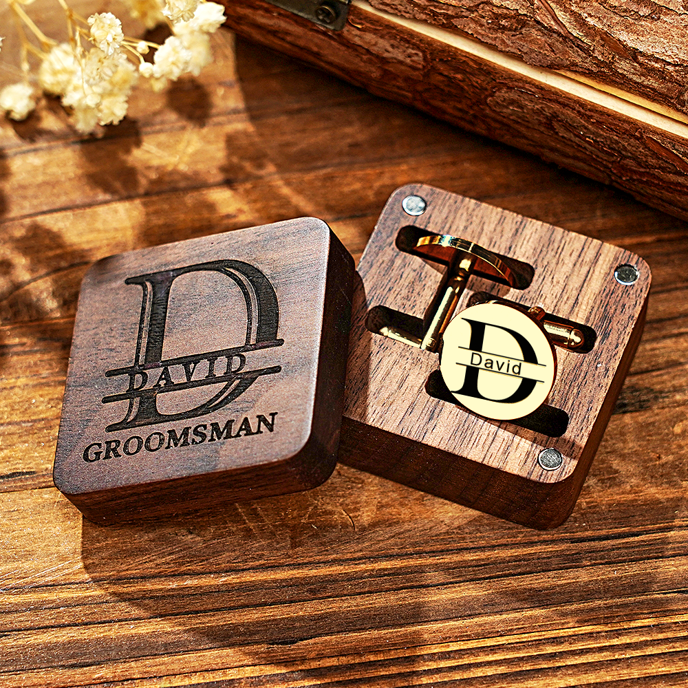 Personalized Engraved Cufflinks Set with Wooden Box Wedding Gift for Men Groomsmen -