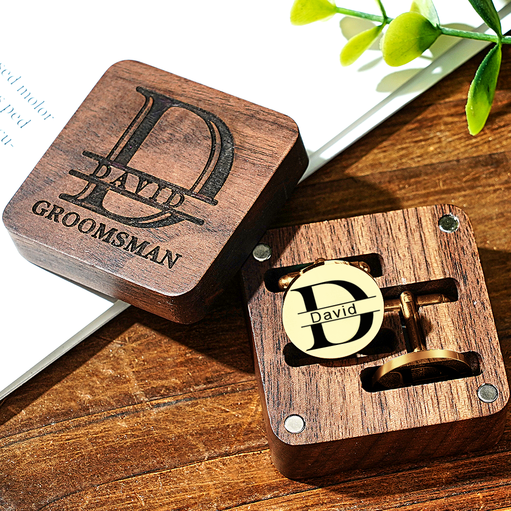 Personalized Engraved Cufflinks Set with Wooden Box Wedding Gift for Men Groomsmen -