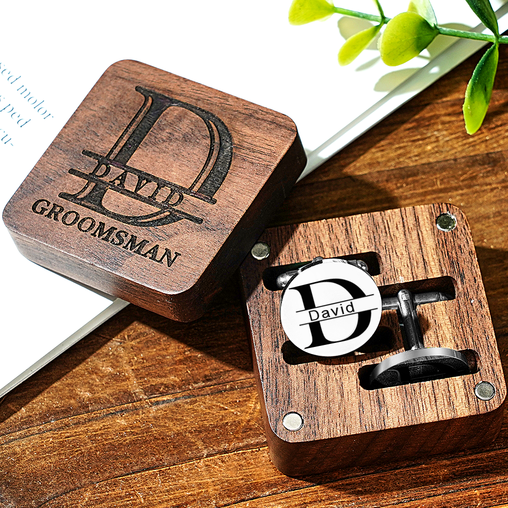 Personalized Engraved Cufflinks Set with Wooden Box Wedding Gift for Men Groomsmen -