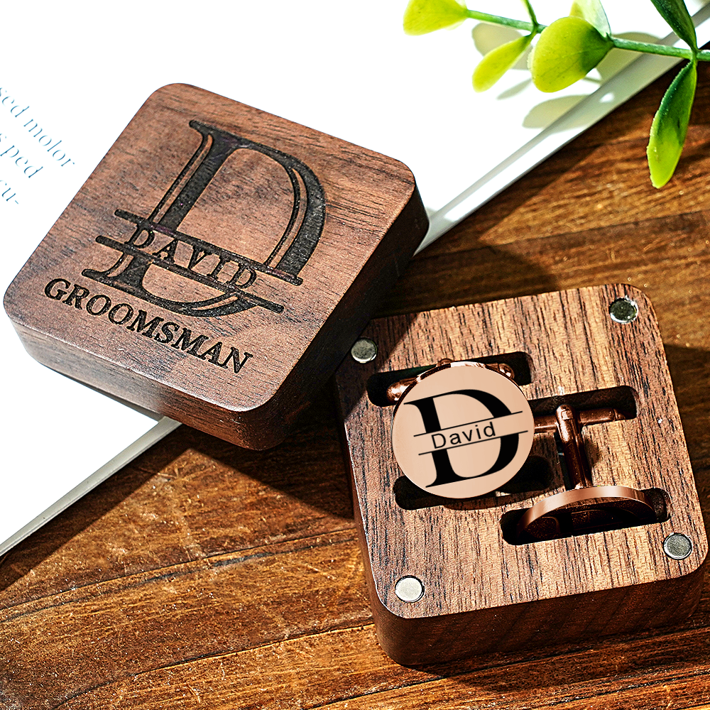 Personalized Engraved Cufflinks Set with Wooden Box Wedding Gift for Men Groomsmen -