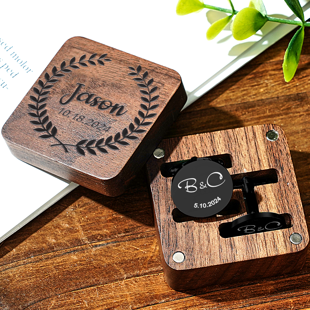Personalized Engraved Cufflinks Set with Wooden Box Wedding Gift for Men Groomsmen -