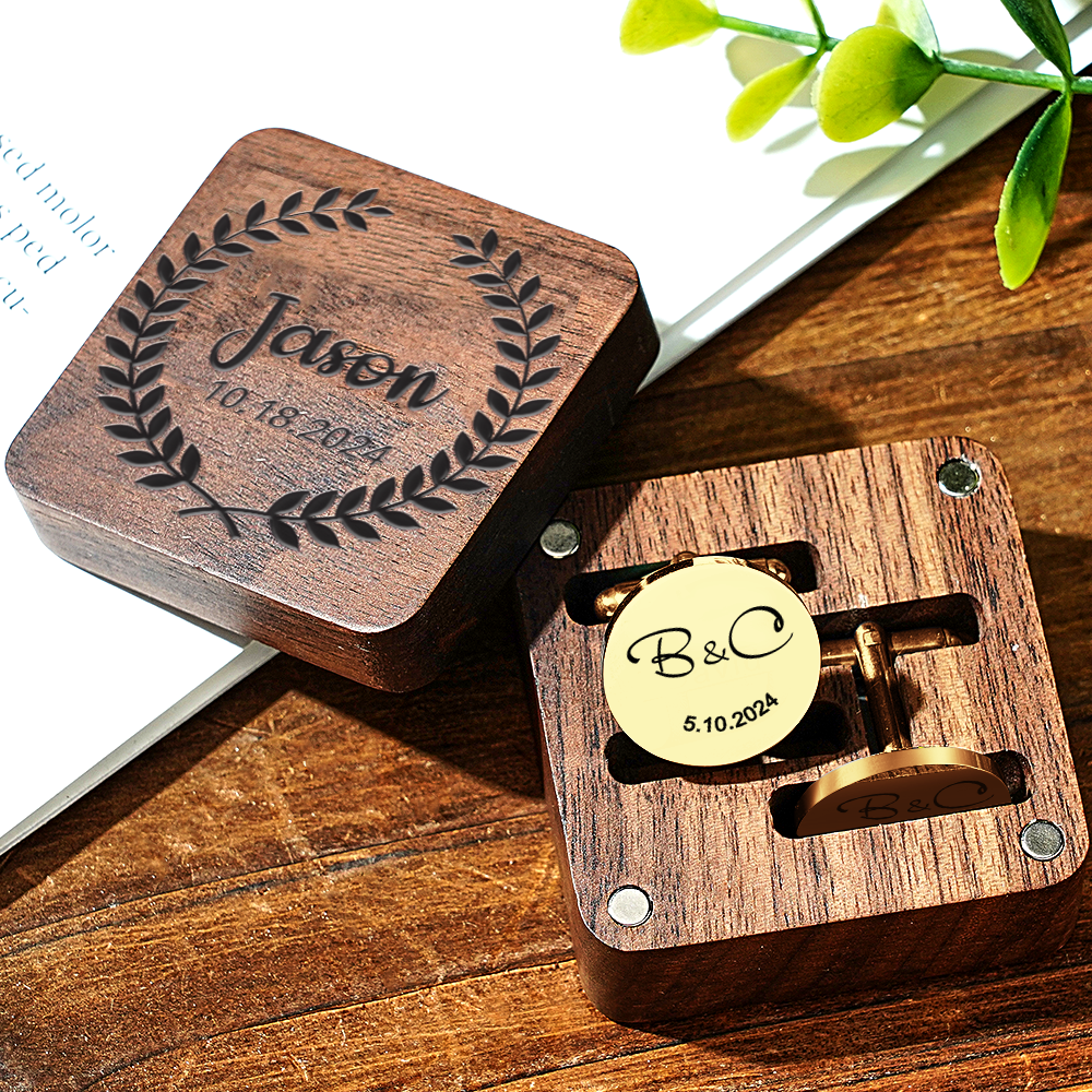 Personalized Engraved Cufflinks Set with Wooden Box Wedding Gift for Men Groomsmen -