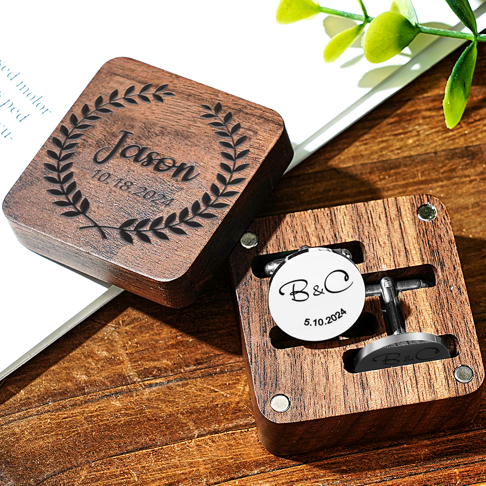 Personalized Engraved Cufflinks Set with Wooden Box Wedding Gift for Men Groomsmen -