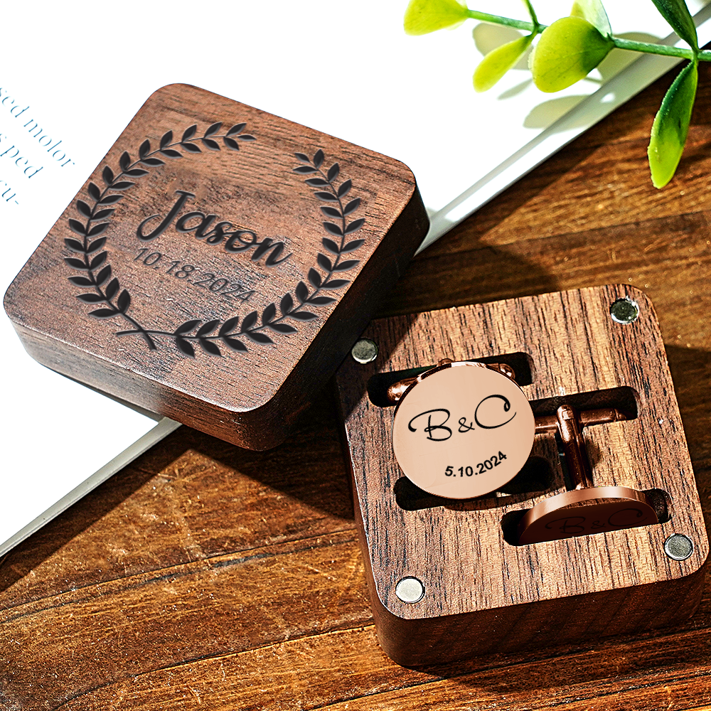 Personalized Engraved Cufflinks Set with Wooden Box Wedding Gift for Men Groomsmen -