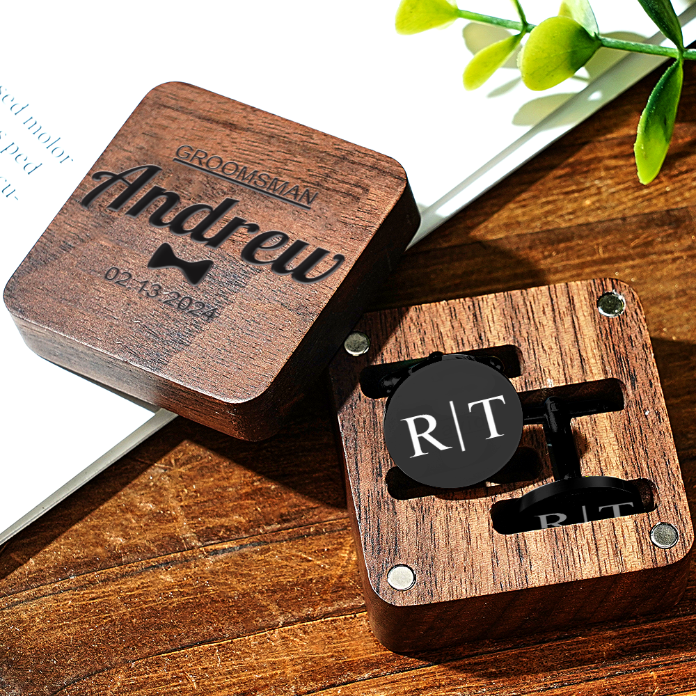 Personalized Engraved Cufflinks Set with Wooden Box Wedding Gift for Men Groomsmen -