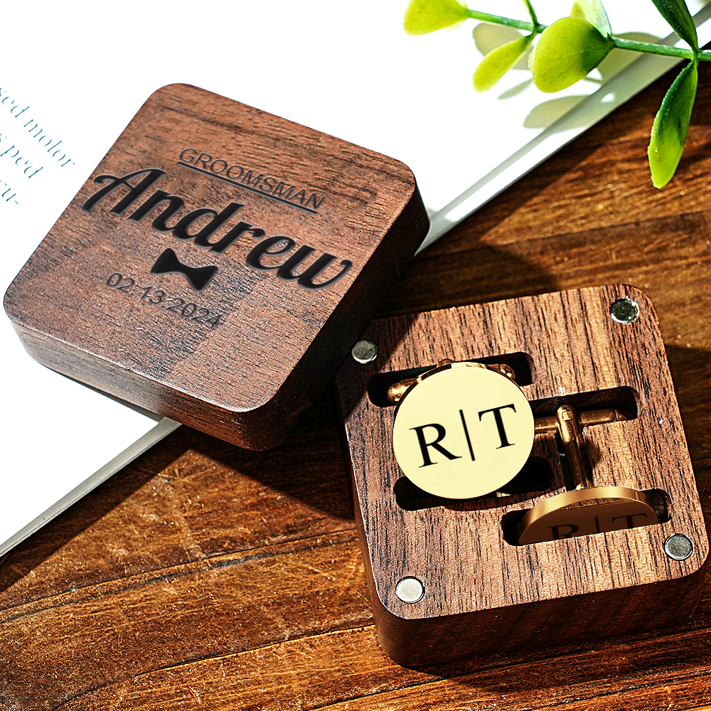 Personalized Engraved Cufflinks Set with Wooden Box Wedding Gift for Men Groomsmen -